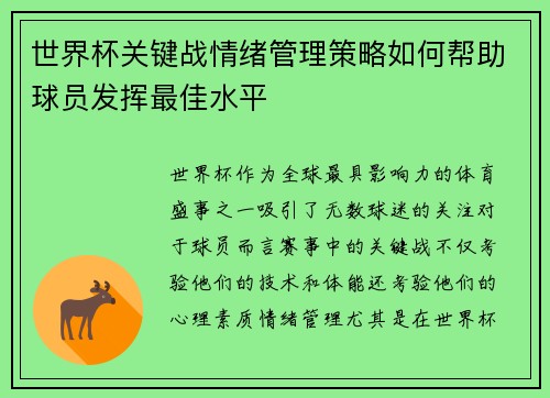 世界杯关键战情绪管理策略如何帮助球员发挥最佳水平