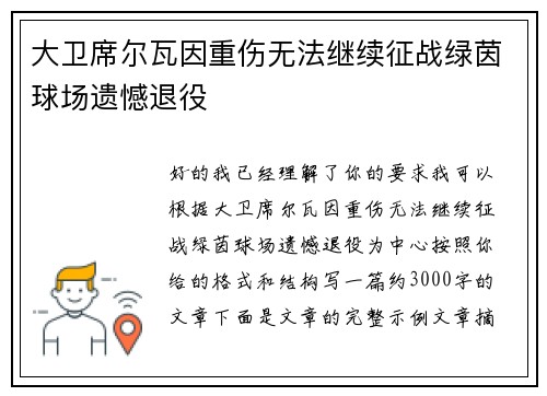 大卫席尔瓦因重伤无法继续征战绿茵球场遗憾退役