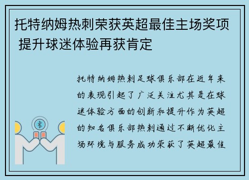 托特纳姆热刺荣获英超最佳主场奖项 提升球迷体验再获肯定