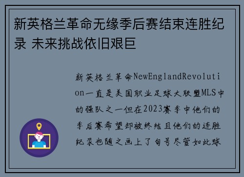 新英格兰革命无缘季后赛结束连胜纪录 未来挑战依旧艰巨